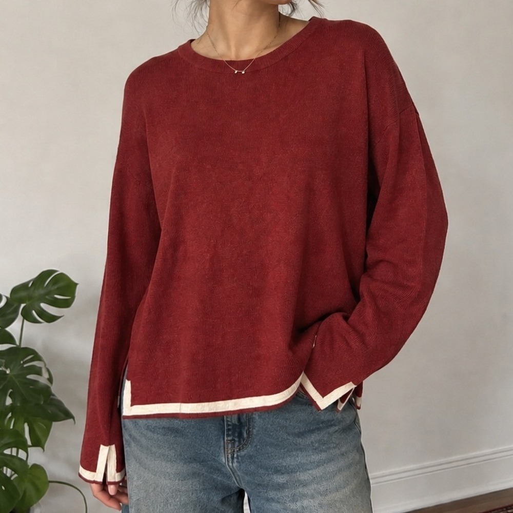 PrettyGarden Colorblock Sweater Large Burgundy Cozy Fall Cottagecore Knit Top‎